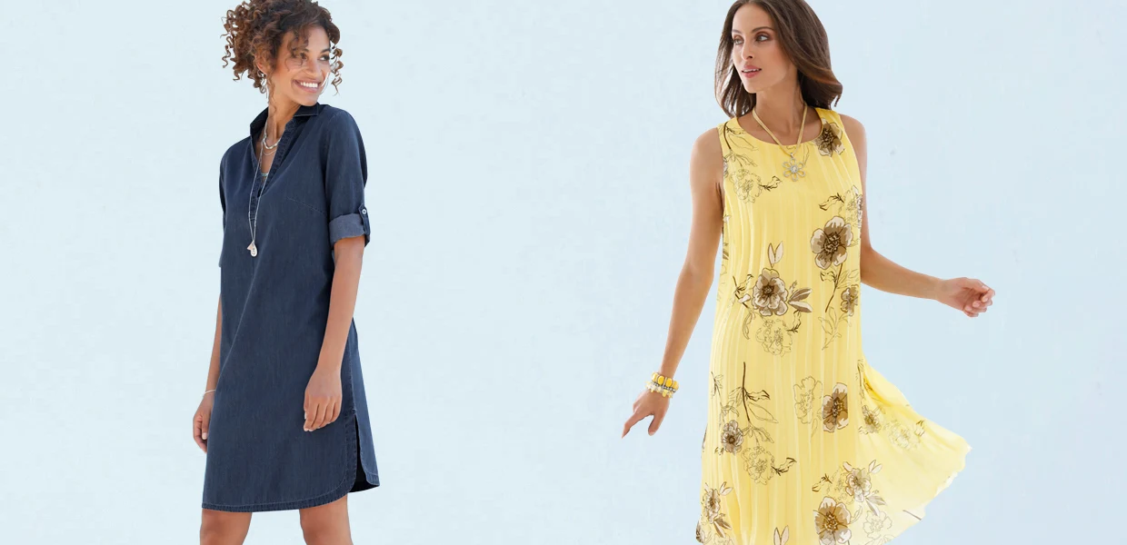 Zwei Damenkleider: links ein dunkelblaues Denim-Kleid mit hochgekrempelten Ärmeln, rechts ein ärmelloses gelbes Kleid mit floralen Mustern.