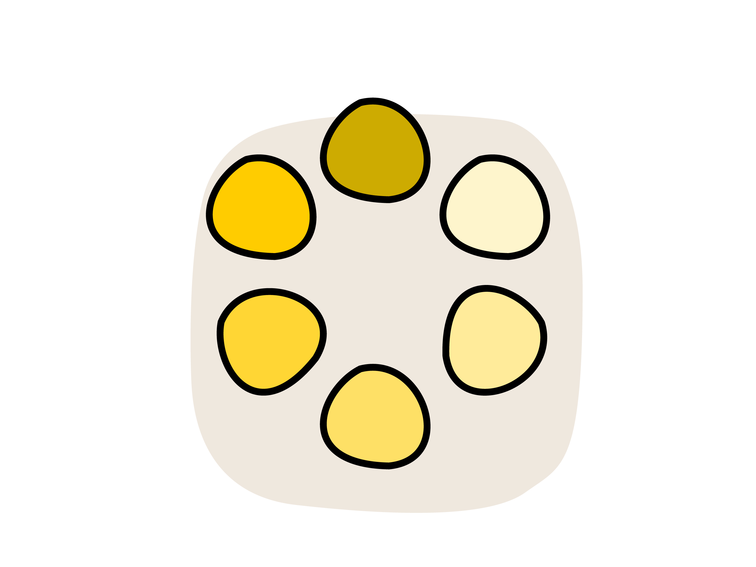 Illustration eines Farbkreises mit sechs organisch geformten Segmenten in gelben Abstufungen.