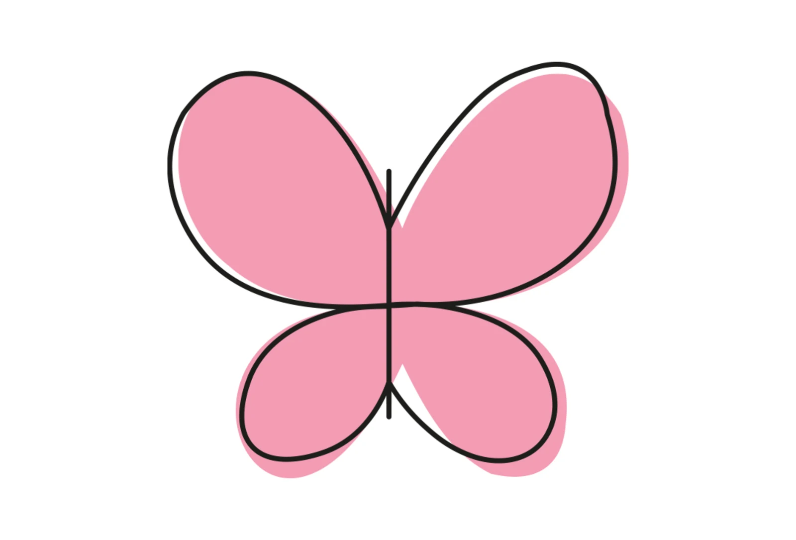 Illustration eines rosa Schmetterlings mit schwarzen Umrisslinien auf weißem Hintergrund. Illustration eines rosa Schmetterlings mit schwarzen Umrisslinien auf weißem Hintergrund.
