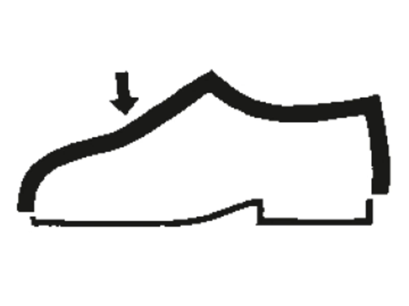Schematische afbeelding van een zwarte schoen met een pijl naar beneden gericht. Schematische afbeelding van een zwarte schoen met een pijl naar beneden gericht.