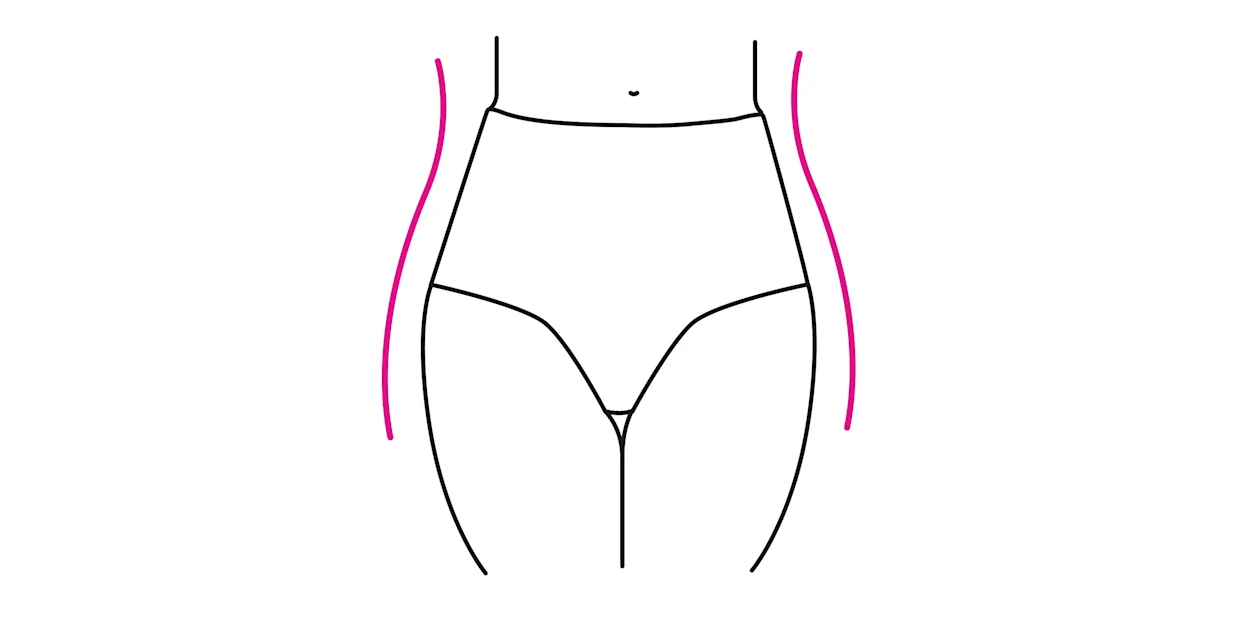 Minimalistische Zeichnung eines weiblichen Körpers mit einer hochgeschnittenen Unterwäsche und pinken Linien, die die Taille betonen. Minimalistische Zeichnung eines weiblichen Körpers mit einer hochgeschnittenen Unterwäsche und pinken Linien, die die Taille betonen.