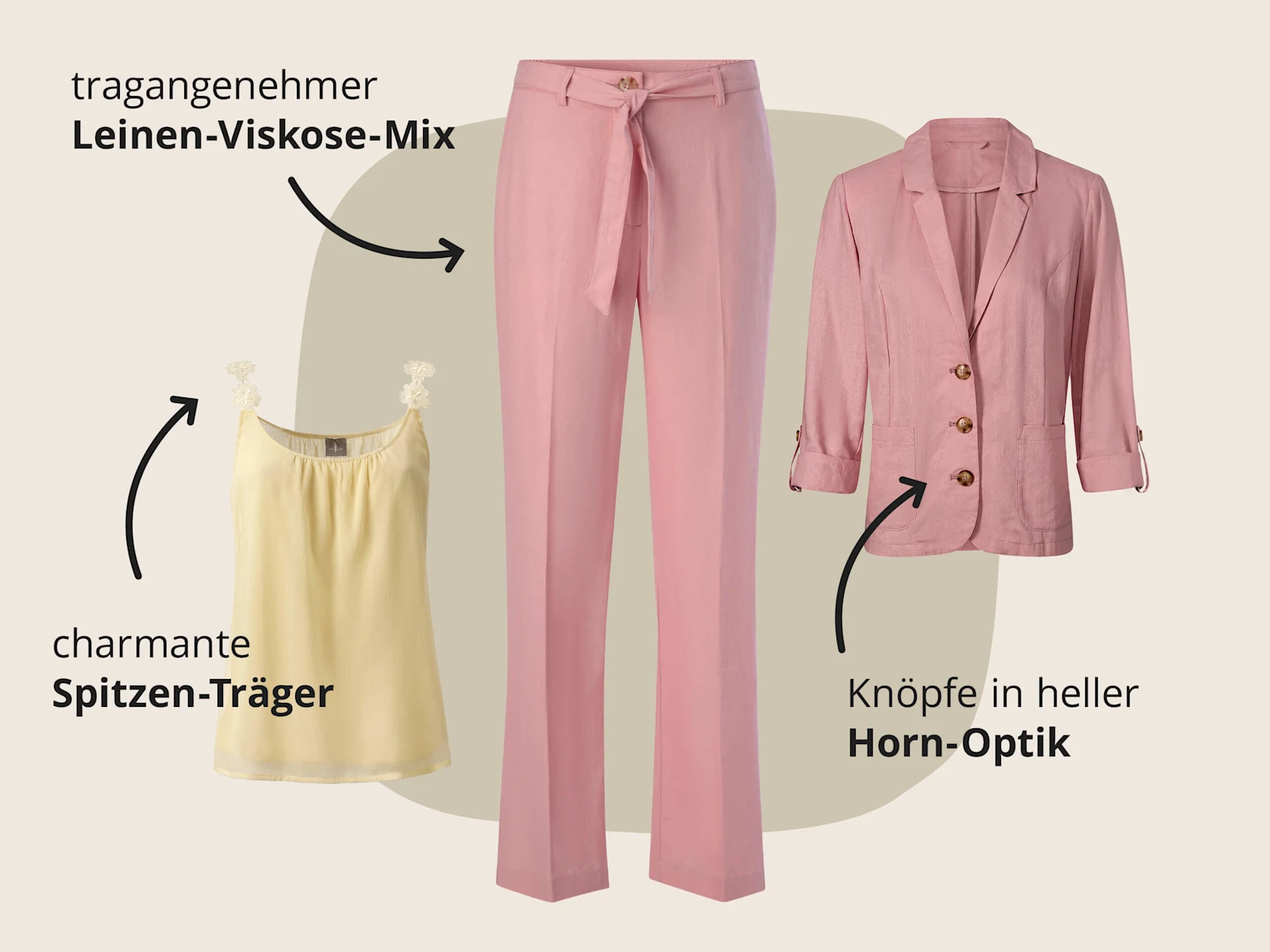 Das Bild zeigt den Text 'tragangenehmer Leinen-Viskose-Mix' 'charmante Spitzen-Träger' 'Knöpfe in heller Horn-Optik'. Der Hintergrund zeigt eine rosa Stoffhose, ein gelbes Top mit Spitzen-Trägern und einen rosa Blazer mit hellen Knöpfen, daneben stehen die jeweiligen Material- und Designtipps, alles in einem modernen, freundlichen Stil. Das Bild zeigt den Text 'tragangenehmer Leinen-Viskose-Mix' 'charmante Spitzen-Träger' 'Knöpfe in heller Horn-Optik'. Der Hintergrund zeigt eine rosa Stoffhose, ein gelbes Top mit Spitzen-Trägern und einen rosa Blazer mit hellen Knöpfen, daneben stehen die jeweiligen Material- und Designtipps, alles in einem modernen, freundlichen Stil.