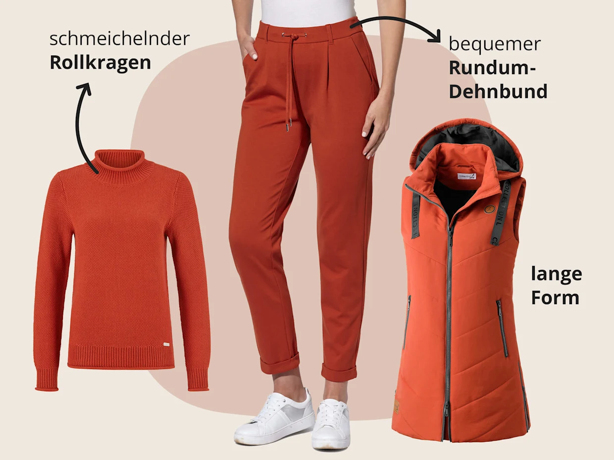 Das Bild zeigt einen rostroten Pullover, eine rostrote Longweste und rostrote Jogg Pants vor beige-orangenem Hintergrund mit schwarzem Text. Text zum Pullover: 'schmeichelnder Rollkragen'. Text zur Weste: 'lange Form'. Text zur Hose: 'bequemer Rundum-Dehnbund'. Das Bild zeigt einen rostroten Pullover, eine rostrote Longweste und rostrote Jogg Pants vor beige-orangenem Hintergrund mit schwarzem Text. Text zum Pullover: 'schmeichelnder Rollkragen'. Text zur Weste: 'lange Form'. Text zur Hose: 'bequemer Rundum-Dehnbund'.