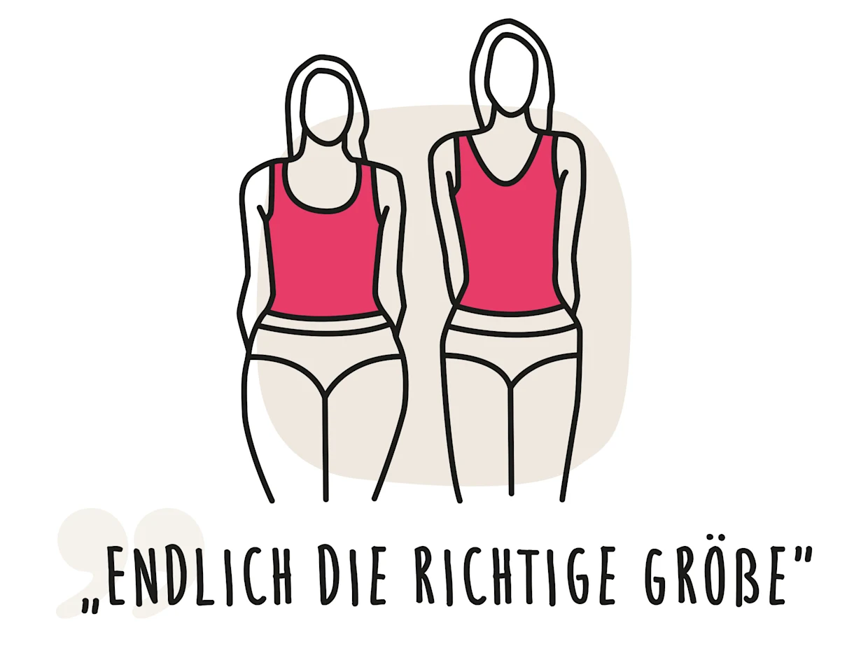Eine Illustration zeigt zwei stilisierte weibliche Figuren in Unterwäsche. Die linke Figur hat eine breitere Hüfte und Taille, während die rechte Figur eine schlankere Silhouette aufweist. Beide tragen ein pinkes Tanktop und weiße Slips. Unter den Figuren steht der Text: "ENDLICH DIE RICHTIGE GRÖẞE".