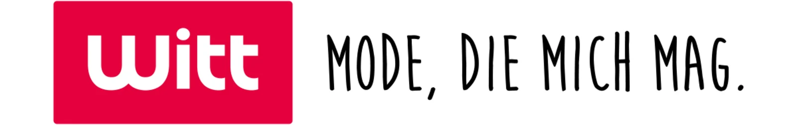 Logo von Witt mit rotem Hintergrund und dem Schriftzug "Mode, die mich mag." in schwarzer Schrift. Logo von Witt mit rotem Hintergrund und dem Schriftzug "Mode, die mich mag." in schwarzer Schrift.