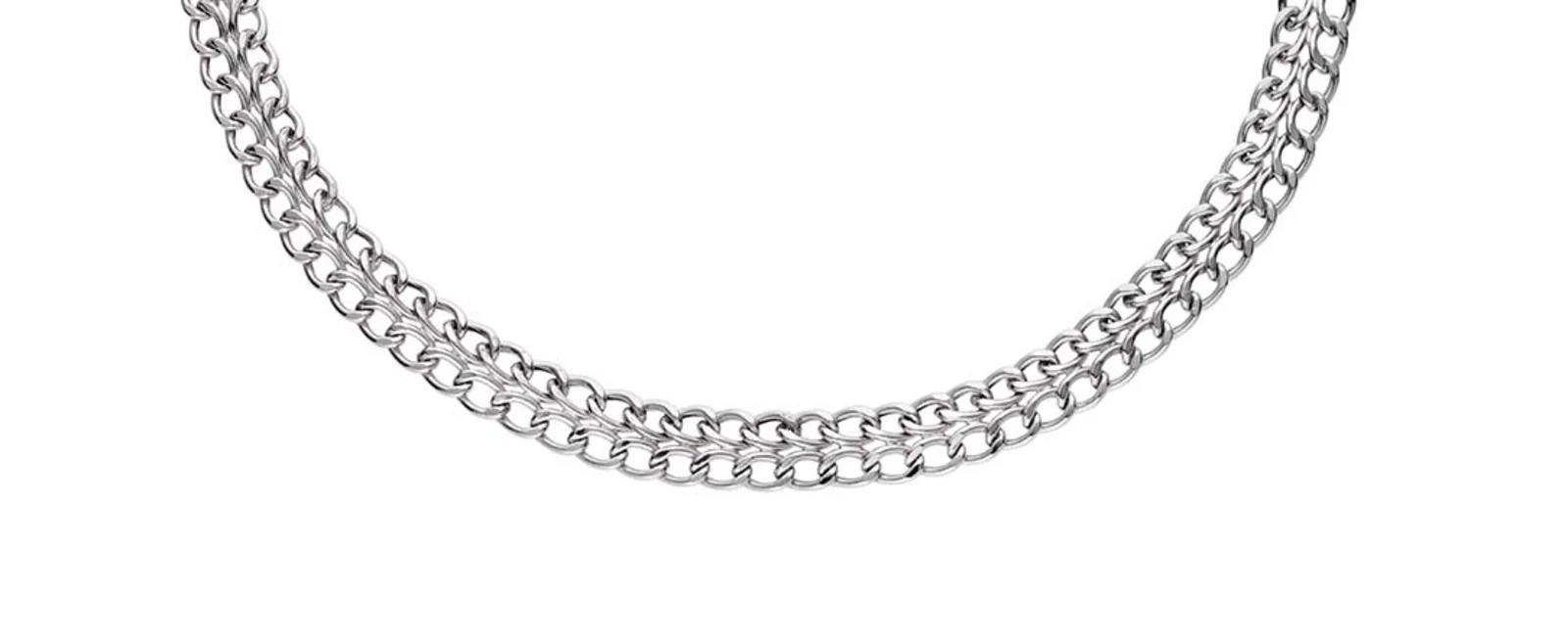 Silberne Panzerkette mit doppelter Gliederstruktur vor weißem Hintergrund. Silberne Panzerkette mit doppelter Gliederstruktur vor weißem Hintergrund.