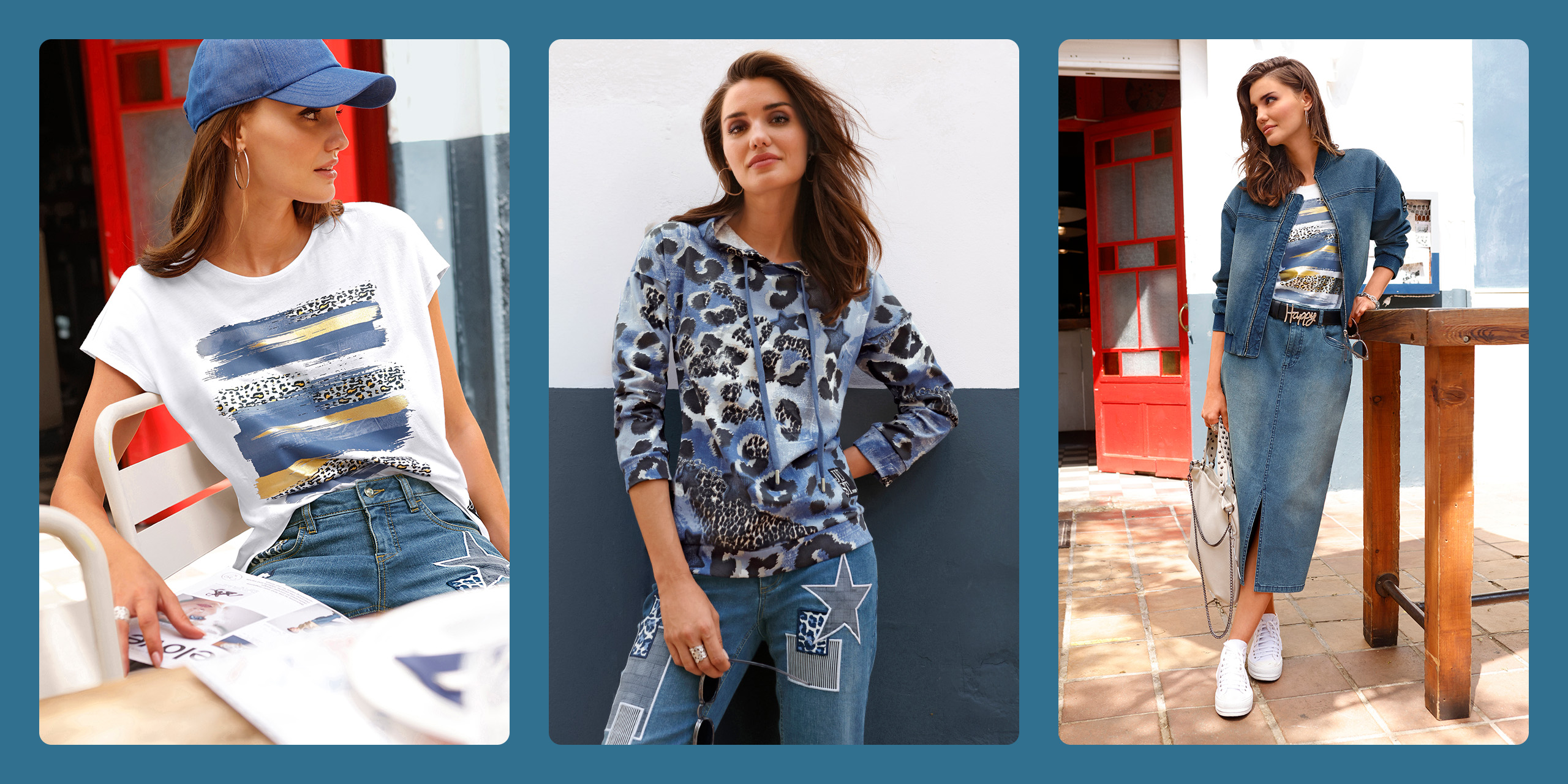 Collage aus drei Bildern: Frau mit Cap am Tisch, Frau im blauen Muster-Hoodie und stehendes Model in Jeans-Outfit.