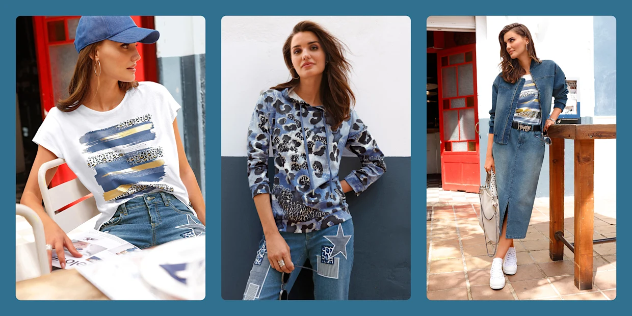 Collage aus drei Bildern: Frau mit Cap am Tisch, Frau im blauen Muster-Hoodie und stehendes Model in Jeans-Outfit.