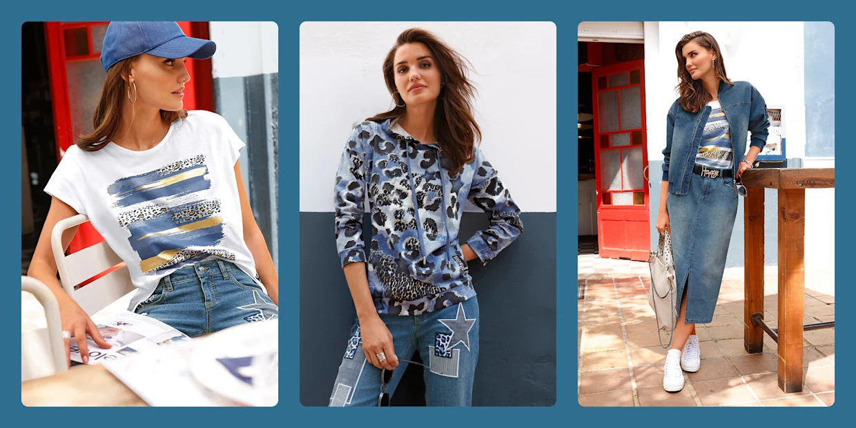 Collage aus drei Bildern: Frau mit Cap am Tisch, Frau im blauen Muster-Hoodie und stehendes Model in Jeans-Outfit.