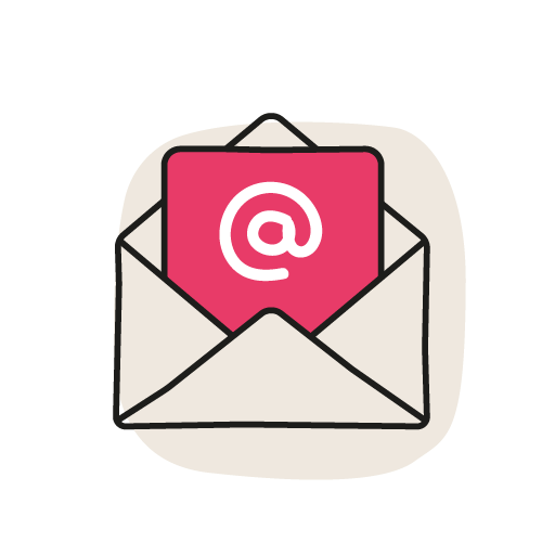 Illustration eines geöffneten Briefumschlags, aus dem eine Karte mit einem @-Symbol hervorragt, als Symbol für E-Mail.