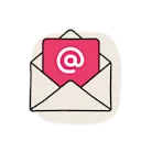 Illustration eines geöffneten Briefumschlags, aus dem eine Karte mit einem @-Symbol hervorragt, als Symbol für E-Mail.