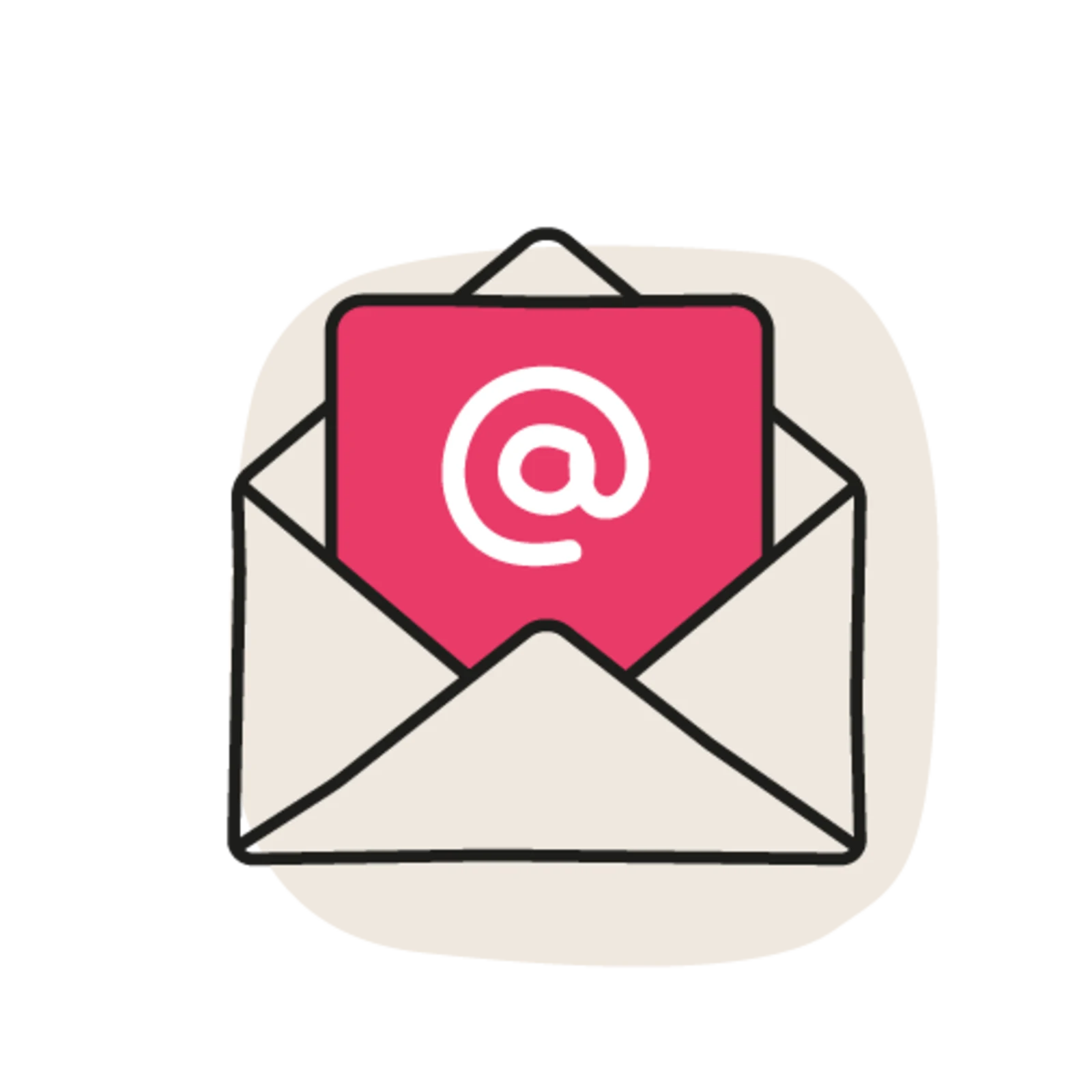 Illustration eines geöffneten Briefumschlags, aus dem eine Karte mit einem @-Symbol hervorragt, als Symbol für E-Mail.