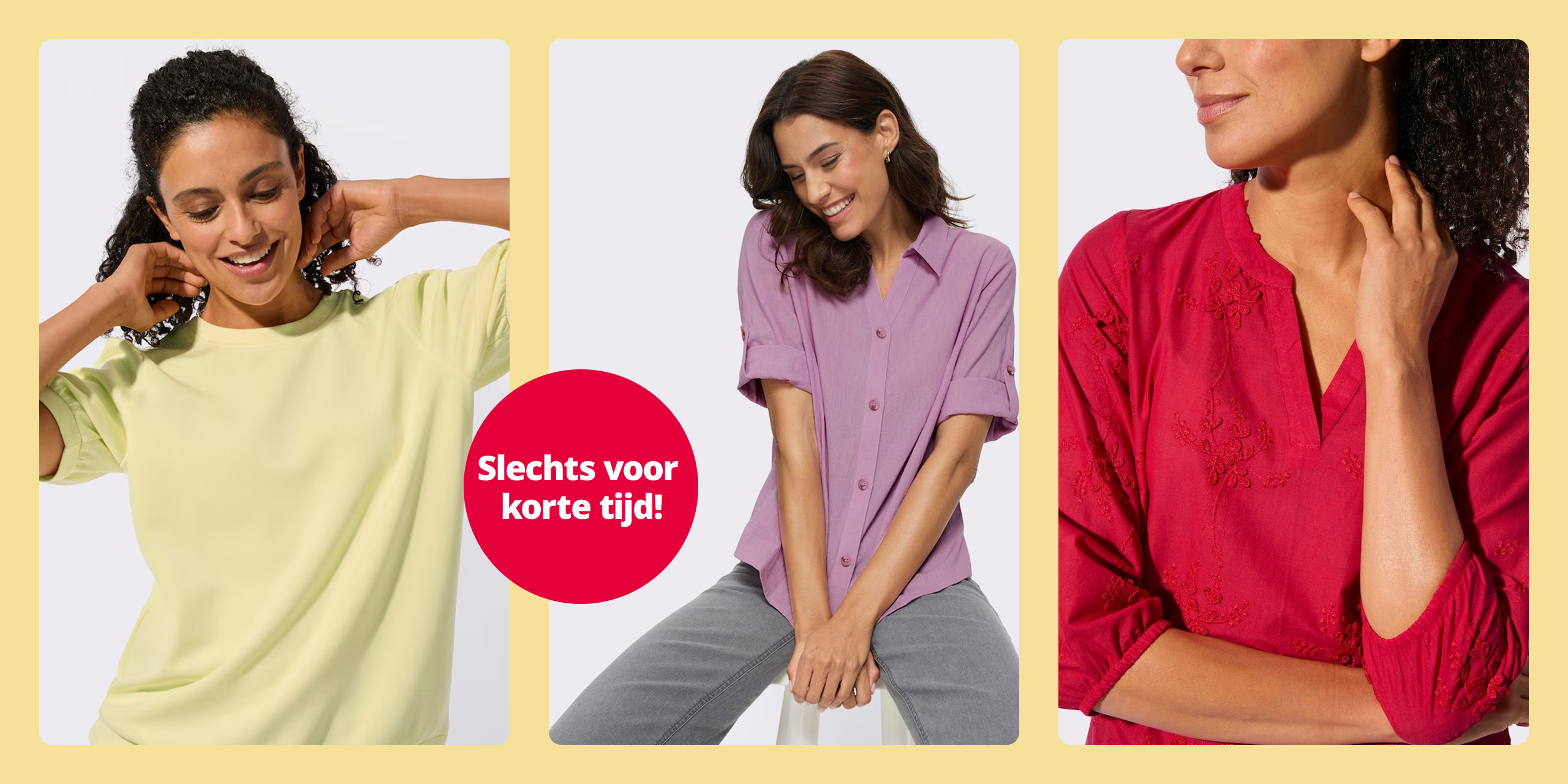 Drie vrouwen tonen kleurrijke zomermode in geel, lila en rood. In het midden de tekst "Slechts voor korte tijd!" op een rode cirkel.