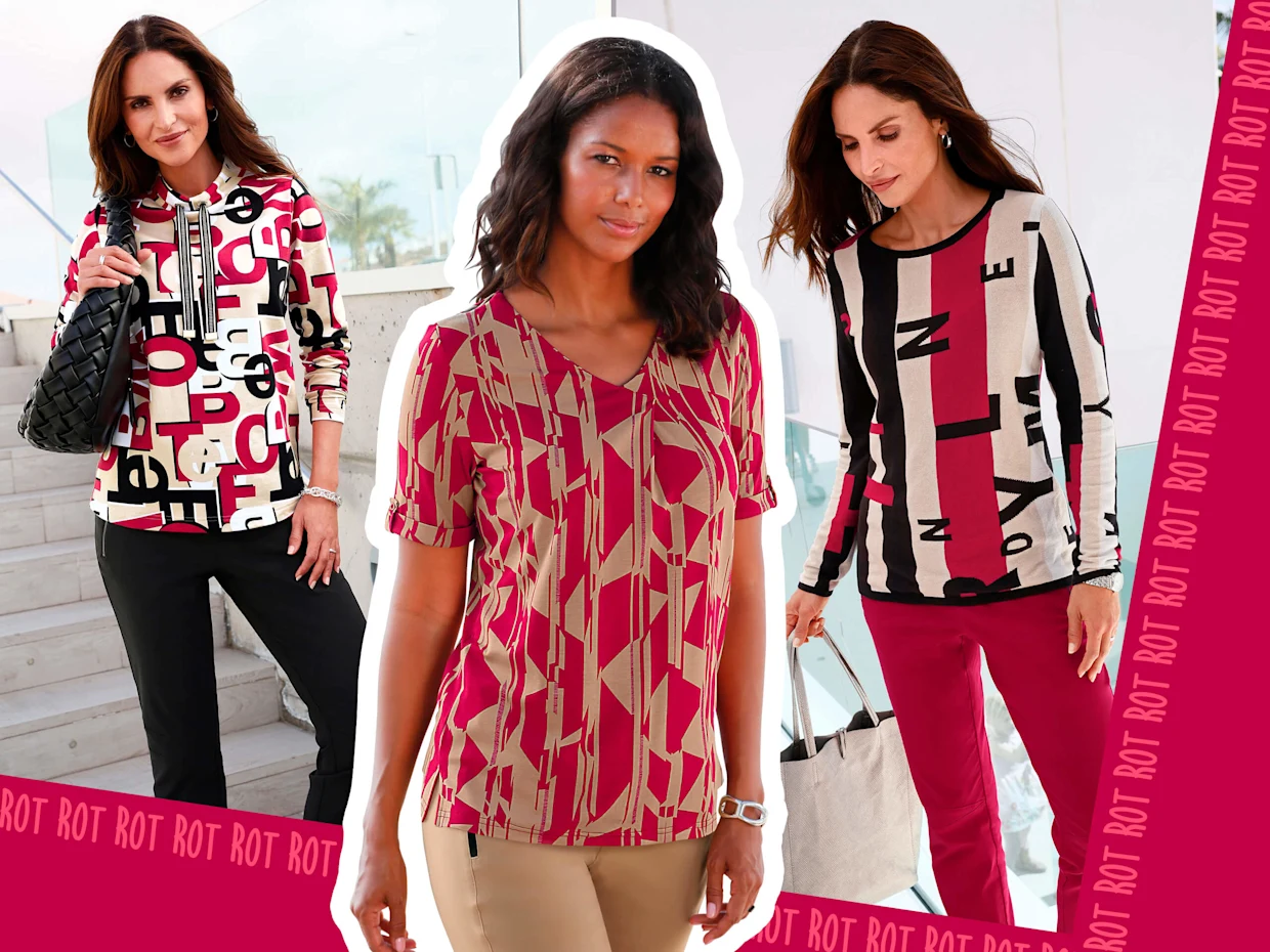Collage mit drei Models: Das Model auf der linken Seite trägt ein rot-schwarzes Sweatshirt, das Model in der Mitte trägt ein camel-rot-bedrucktes Shirt mit Riegel und Knopf am Ärmelaufschlag und das Model auf der rechten Seite trägt einen schwarz-roten Pullover. Collage mit drei Models: Das Model auf der linken Seite trägt ein rot-schwarzes Sweatshirt, das Model in der Mitte trägt ein camel-rot-bedrucktes Shirt mit Riegel und Knopf am Ärmelaufschlag und das Model auf der rechten Seite trägt einen schwarz-roten Pullover.