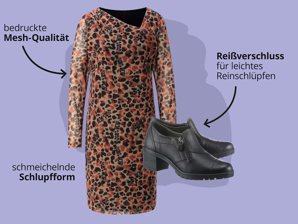 Das Bild zeigt ein gemustertes Kleid und schwarze Stiefeletten vor lila Hintergrund mit schwarzem Text. Text zum Kleid: 'bedruckte Mesh-QualitĂ€t' 'schmeichelnde Schlupfform'. Text zu den Stiefeletten: 'ReiĂverschluss fĂŒr leichtes ReinschlĂŒpfen'. Das Bild zeigt ein gemustertes Kleid und schwarze Stiefeletten vor lila Hintergrund mit schwarzem Text. Text zum Kleid: 'bedruckte Mesh-QualitĂ€t' 'schmeichelnde Schlupfform'. Text zu den Stiefeletten: 'ReiĂverschluss fĂŒr leichtes ReinschlĂŒpfen'.