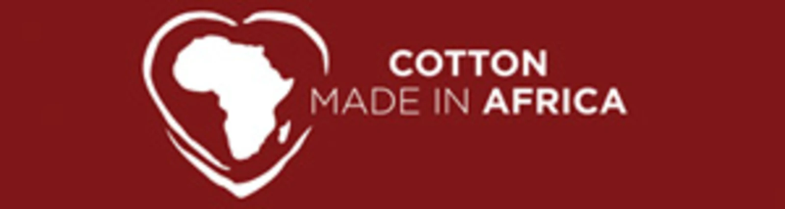 Logo 'Cotton made in Africa' mit weißer Afrika-Silhouette in Herzform auf rotem Hintergrund. Logo 'Cotton made in Africa' mit weißer Afrika-Silhouette in Herzform auf rotem Hintergrund.