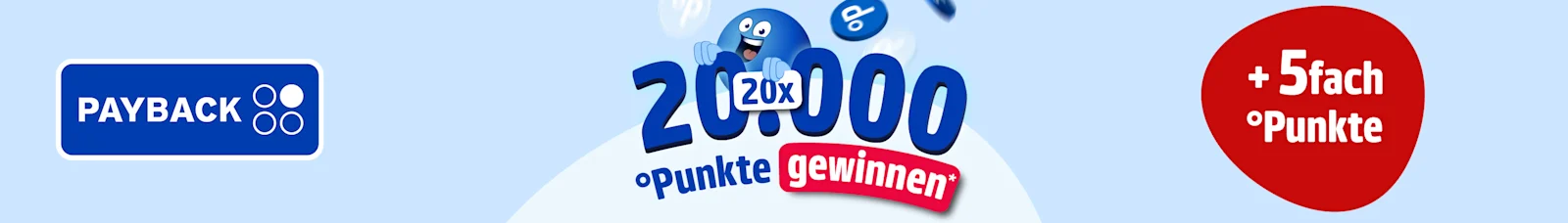 Werbebanner mit Payback-Logo und Payback-Icon plus Text: 20x 20.000 Punkte gewinnen* plus 5fach Payback-Punkte