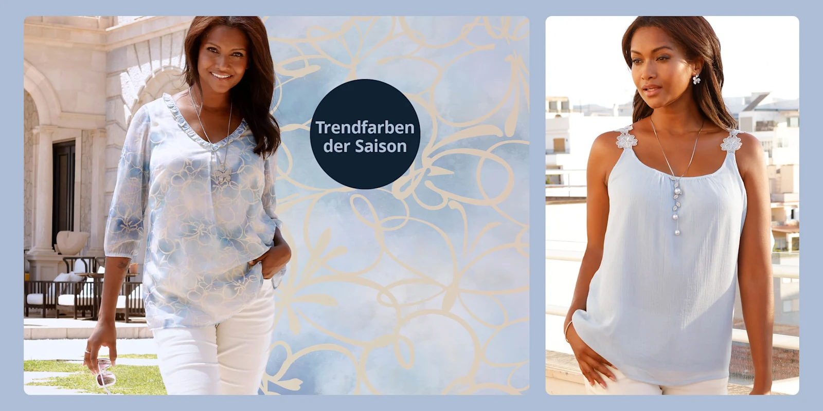 Das Bild zeigt zwei Models, abgetrennt durch einen hellblauen Rahmen. Das Model auf der linken Seite trägt eine hellblaue, pastellfarbene Bluse mit Muster und eine weiße Hose, daneben ein dunkelblauer Kreis mit Text 'Trendfarben der Saison'. Das Model auf der rechten Seite trägt ein hellblaues, pastellfarbenes Top und eine weiße Hose.
