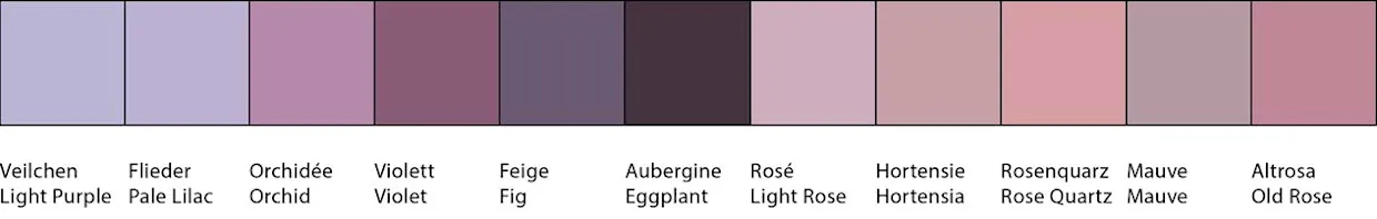 Farbtabelle mit neun verschiedenen Rosa- und Lila-Tönen, jeweils mit deutscher und englischer Farbbezeichnung: Veilchen, Flieder, Orchidee, Violett, Feige, Aubergine, Rosé, Hortensie, Rosenquarz, Mauve, Altrosa. Farbtabelle mit neun verschiedenen Rosa- und Lila-Tönen, jeweils mit deutscher und englischer Farbbezeichnung: Veilchen, Flieder, Orchidee, Violett, Feige, Aubergine, Rosé, Hortensie, Rosenquarz, Mauve, Altrosa.