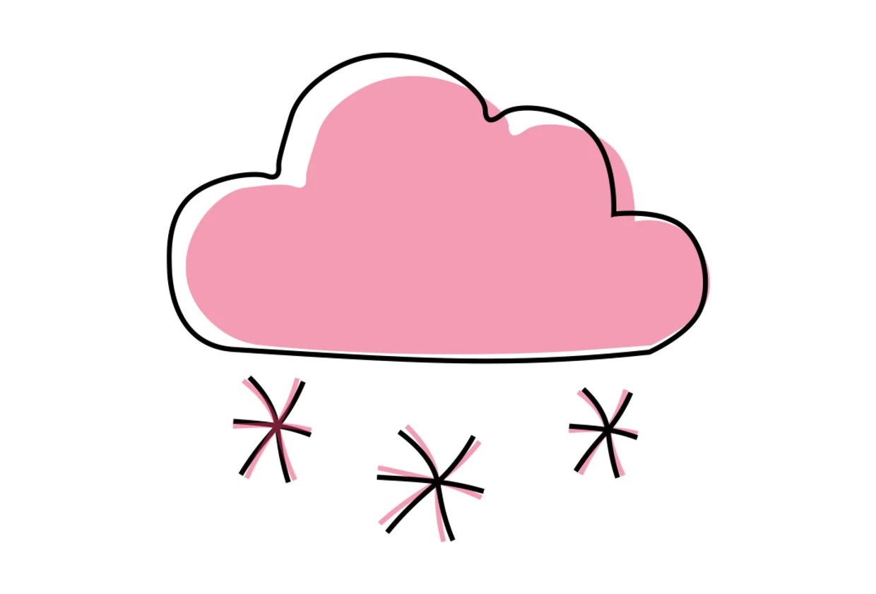 Illustration einer rosa Wolke, aus der schneeflockenartige Symbole fallen, vor weißem Hintergrund. Illustration einer rosa Wolke, aus der schneeflockenartige Symbole fallen, vor weißem Hintergrund.
