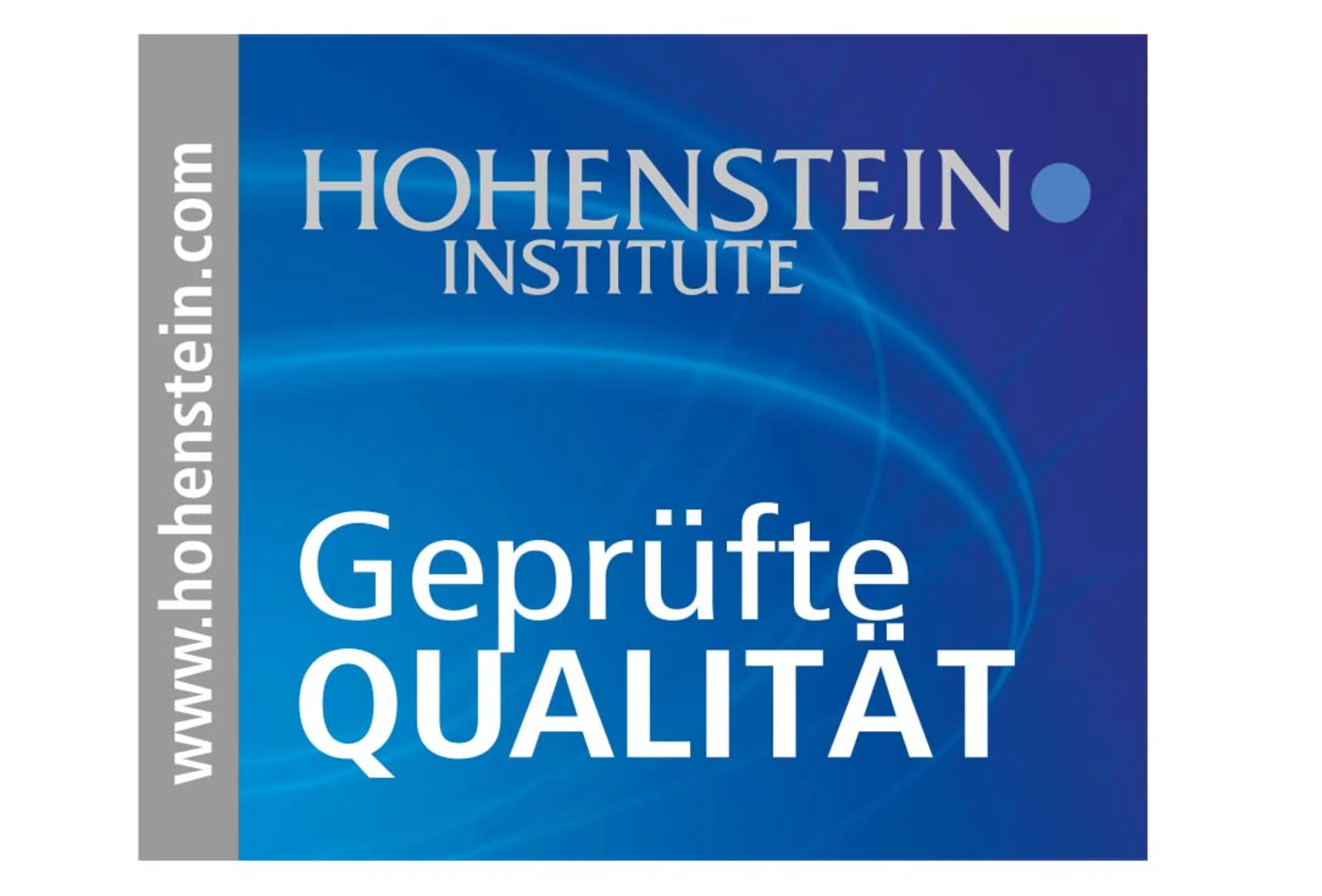 Logo der Hohenstein Institute mit dem Schriftzug "Geprüfte Qualität" auf blauem Hintergrund. Links steht die Website www.hohenstein.com. Logo der Hohenstein Institute mit dem Schriftzug "Geprüfte Qualität" auf blauem Hintergrund. Links steht die Website www.hohenstein.com.