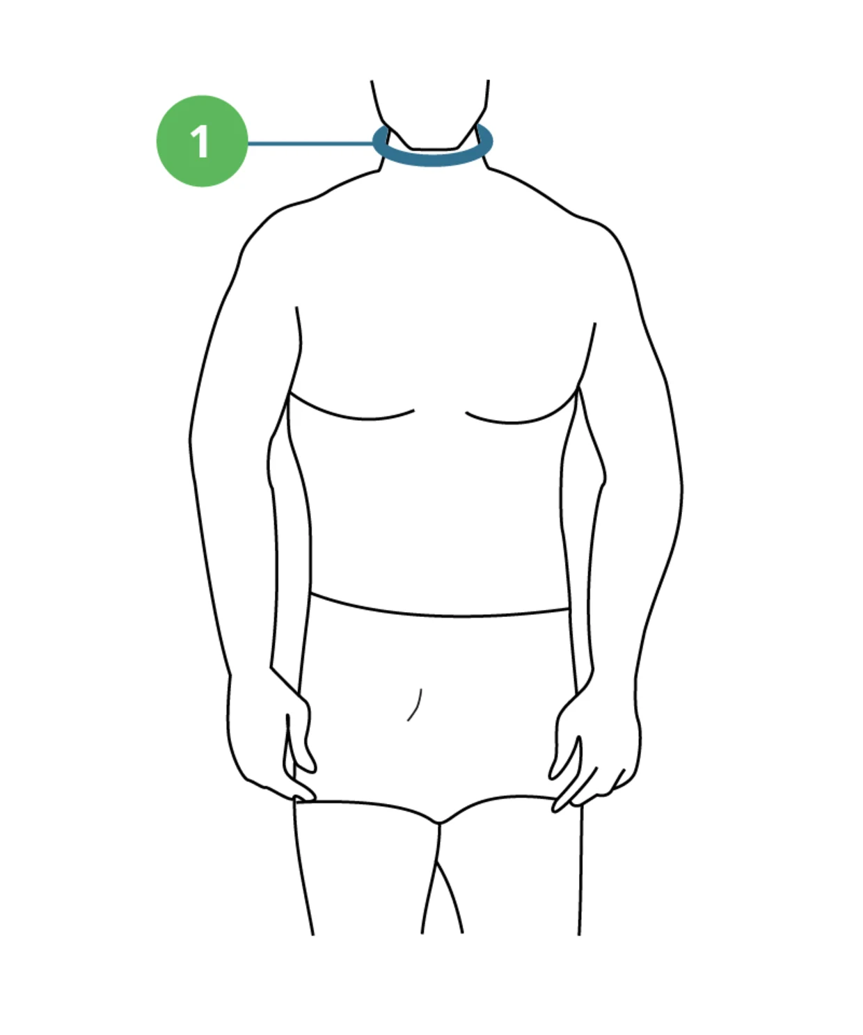 Das Symbol zeigt einen Messpunkt an einem männlichen Hals, der den Halsumfang an der Basis des Halses misst. Das Symbol zeigt einen Messpunkt an einem männlichen Hals, der den Halsumfang an der Basis des Halses misst.