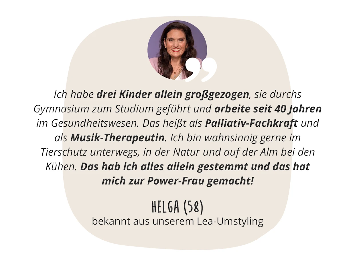 Helga (58), bekannt aus Umstyling, wird zitiert: Sie zog drei Kinder allein groß, arbeitet seit 40 Jahren im Gesundheitswesen und engagiert sich im Tierschutz. Helga (58), bekannt aus Umstyling, wird zitiert: Sie zog drei Kinder allein groß, arbeitet seit 40 Jahren im Gesundheitswesen und engagiert sich im Tierschutz.