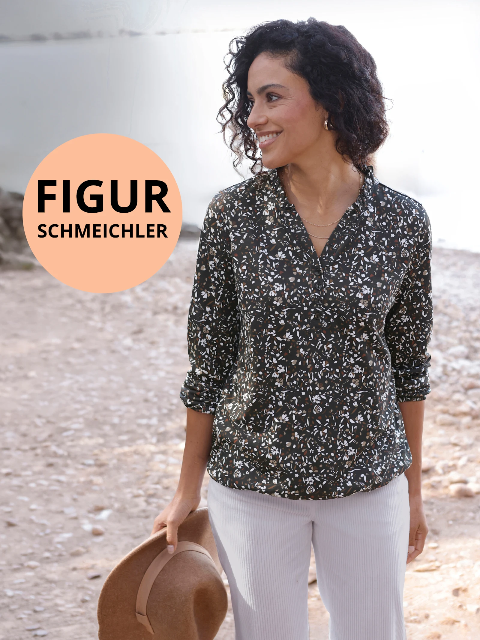 Werbebanner mit Model in schwarzweisser Tunika und Icon mit Text: Figurschmeichler