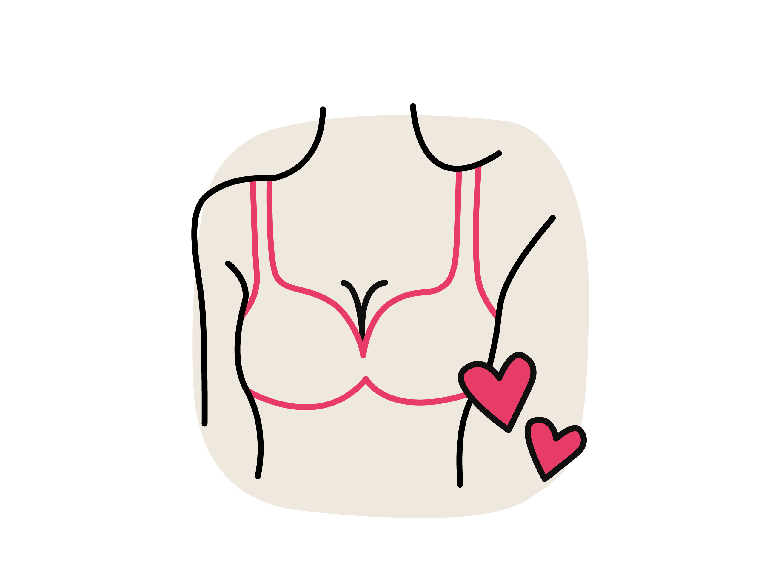 Illustration eines Dekolletés mit BH: Die Konturen der Brust sind mit roten Linien hervorgehoben. Zwei kleine Herzen.