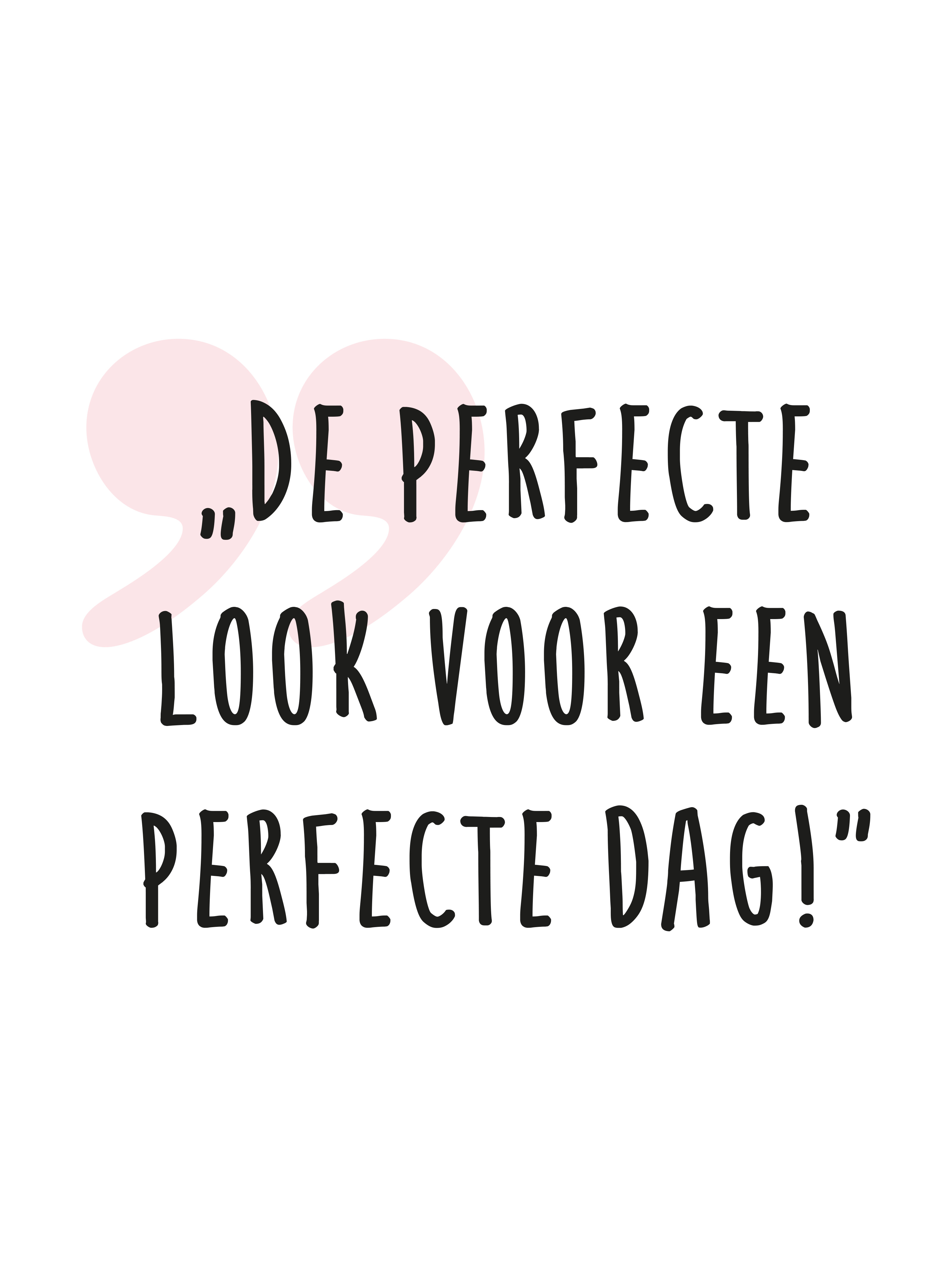 Een afbeelding met de tekst 'De perfecte look voor een perfecte dag!'. De achtergrond is effen wit; aan de linkerkant staat een groot, gestileerd roze aanhalingsteken achter de tekst, die in zwarte letters gecentreerd is.