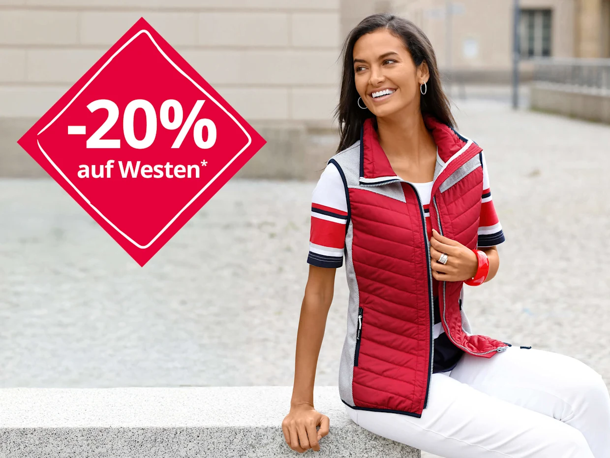 Ein Model trägt eine rote Steppweste und sitzt auf einer Bank. Text: '-20% auf Westen*'. Ein Model trägt eine rote Steppweste und sitzt auf einer Bank. Text: '-20% auf Westen*'.