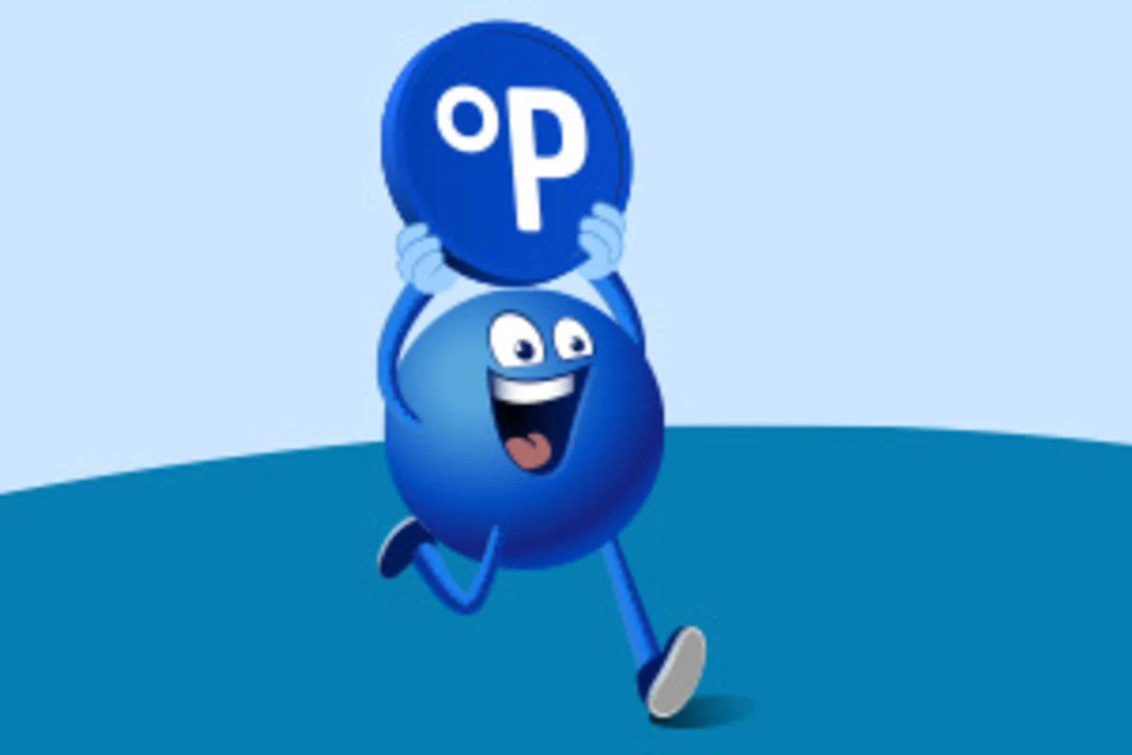 Fröhlicher blauer Cartoon-Charakter hält zwei weiße Einkaufstaschen in den Händen auf hellblauem Hintergrund. Fröhlicher blauer Cartoon-Charakter hält zwei weiße Einkaufstaschen in den Händen auf hellblauem Hintergrund.