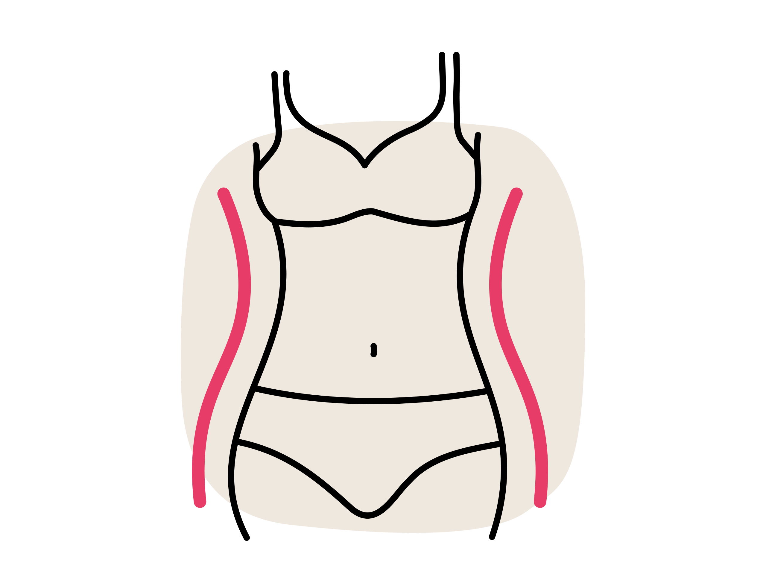 Illustratie van een vrouwelijk lichaam in lingerie met roze lijnen langs beide armen, die lichaamscontouren benadrukken.