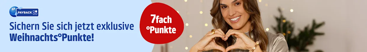 Payback-Weihnachtsbanner: Lächelnde Frau formt Herz mit Händen, Text „Sichern Sie sich jetzt exklusive Weihnachts°punkte!“ und „7fach °Punkte“.