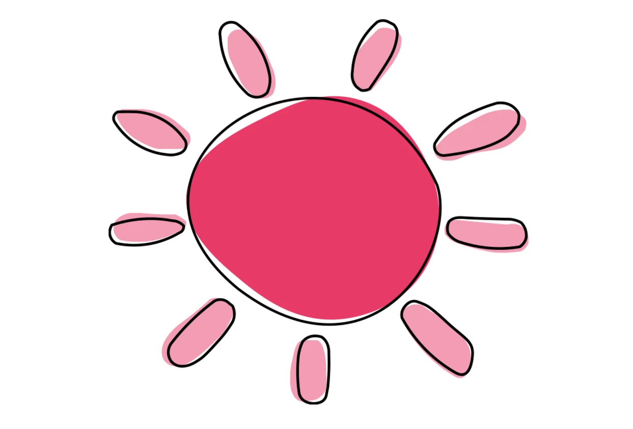 Illustration einer stilisierten Sonne mit pinker Mitte und rosa Strahlen auf weißem Hintergrund. Illustration einer stilisierten Sonne mit pinker Mitte und rosa Strahlen auf weißem Hintergrund.