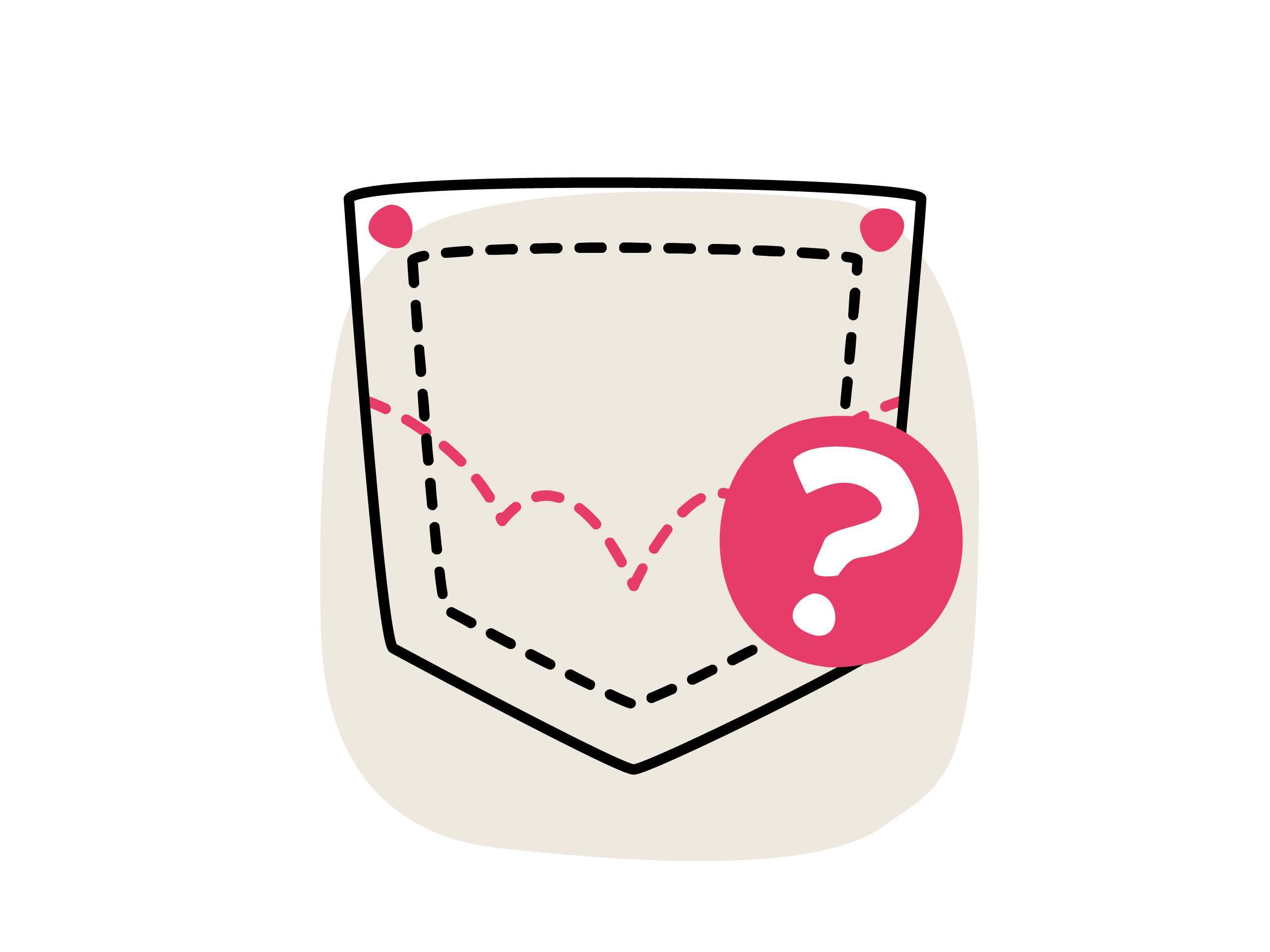 Illustration einer Jeans-Gesäßtasche mit pinker Ziernaht und einem Fragezeichen-Icon.