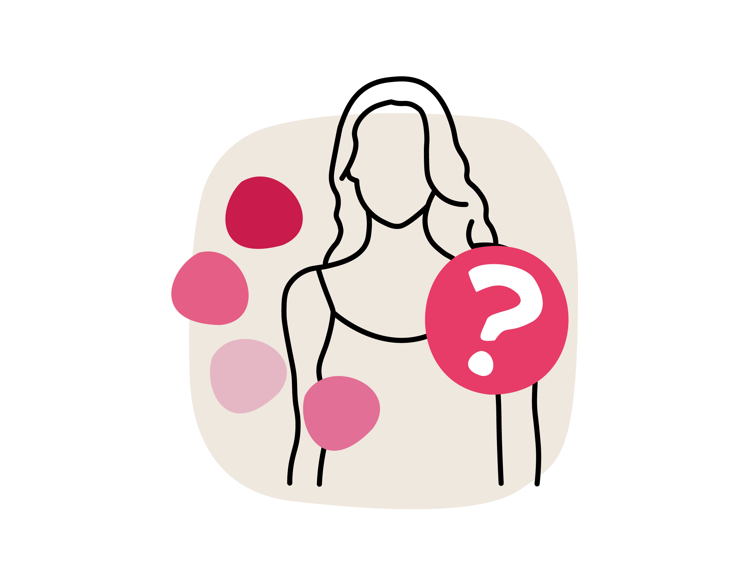 Illustration einer Frau mit Fragezeichen, umgeben von Farbpunkten.