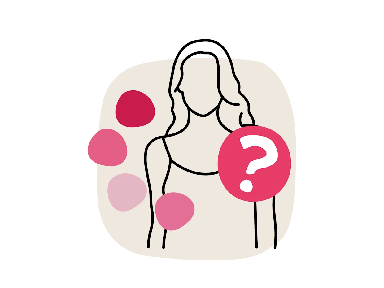 Illustration einer Frau mit Fragezeichen, umgeben von Farbpunkten.