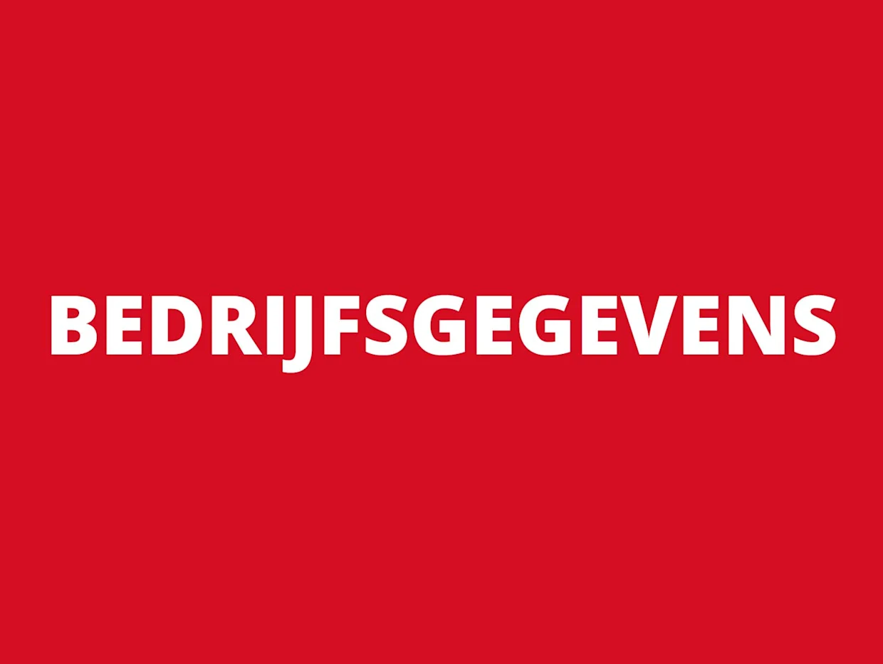 Witte tekst 'bedrijfsgegevens' op een rode achtergrond.