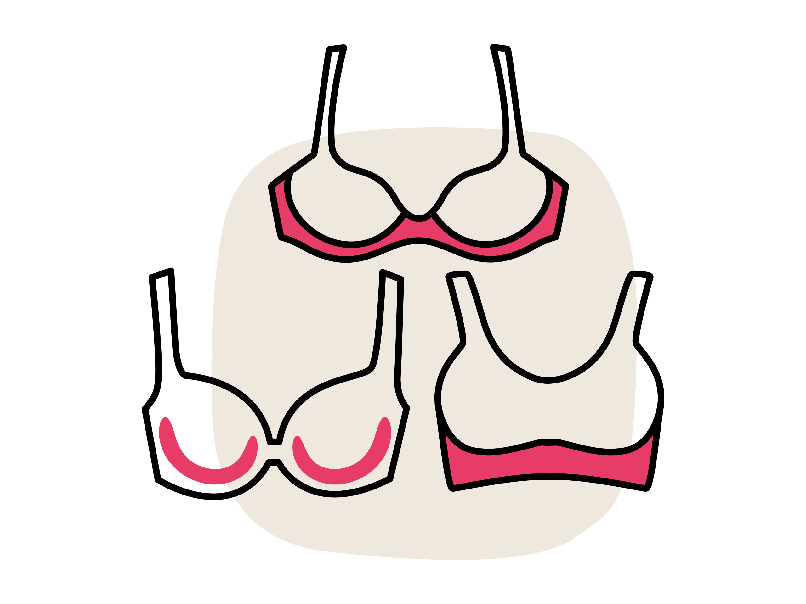 Illustration von drei verschiedenen BH-Modellen in Weiß und Rosa auf beigem Hintergrund.