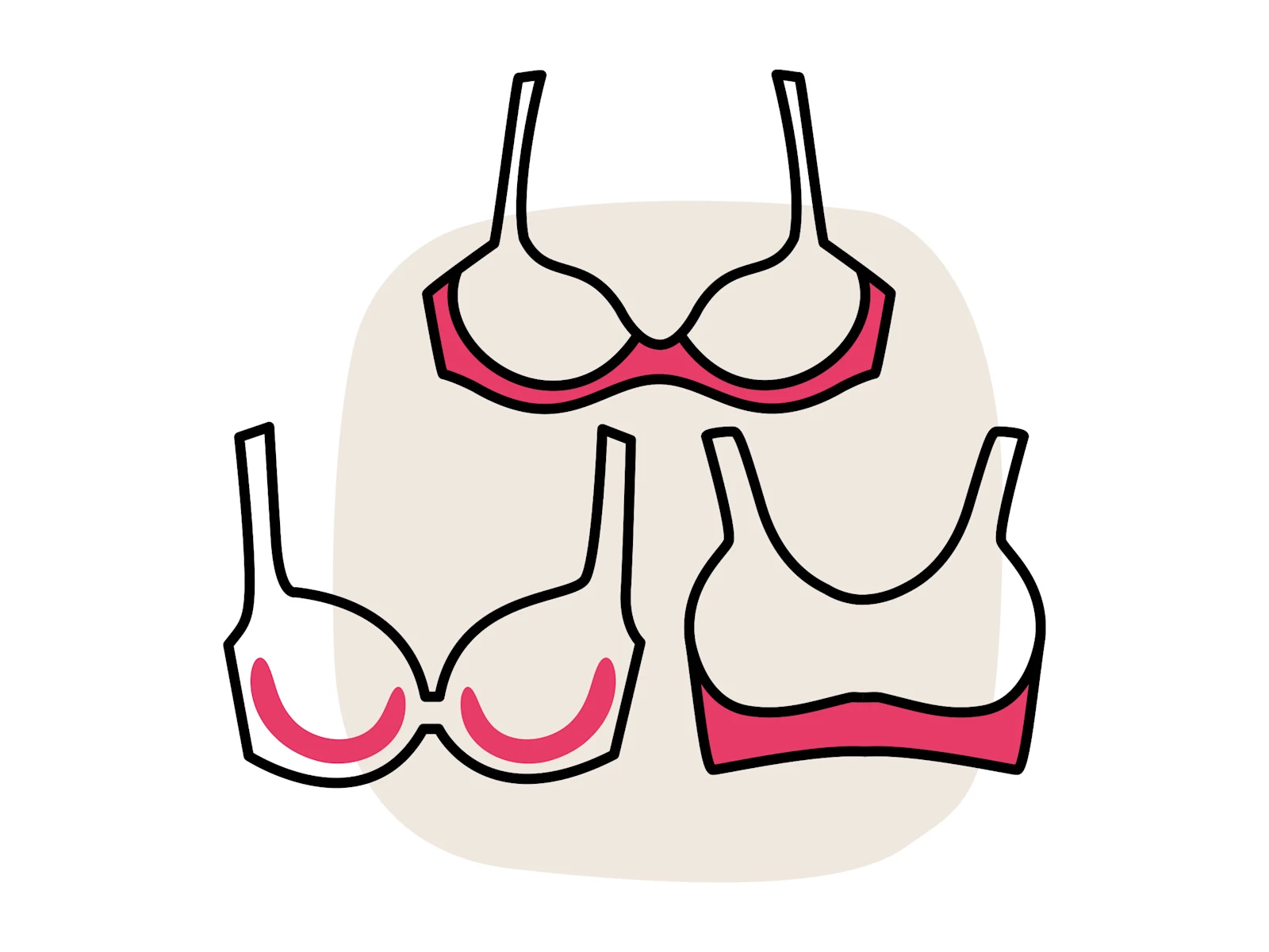 Illustration von drei verschiedenen BH-Modellen in Weiß und Rosa auf beigem Hintergrund.