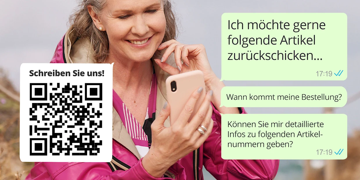 Eine Person hält ein Smartphone in der Hand, während neben ihr ein QR-Code mit dem Text "Schreiben Sie uns!" sichtbar ist. Auf dem Smartphone-Bildschirm sind drei Nachrichten in einer Chat-Anwendung zu sehen: eine Anfrage zum Zurückschicken von Artikeln, eine Frage zur Bestellung und eine Bitte um detaillierte Informationen zu Artikelnummern. Eine Person hält ein Smartphone in der Hand, während neben ihr ein QR-Code mit dem Text "Schreiben Sie uns!" sichtbar ist. Auf dem Smartphone-Bildschirm sind drei Nachrichten in einer Chat-Anwendung zu sehen: eine Anfrage zum Zurückschicken von Artikeln, eine Frage zur Bestellung und eine Bitte um detaillierte Informationen zu Artikelnummern.