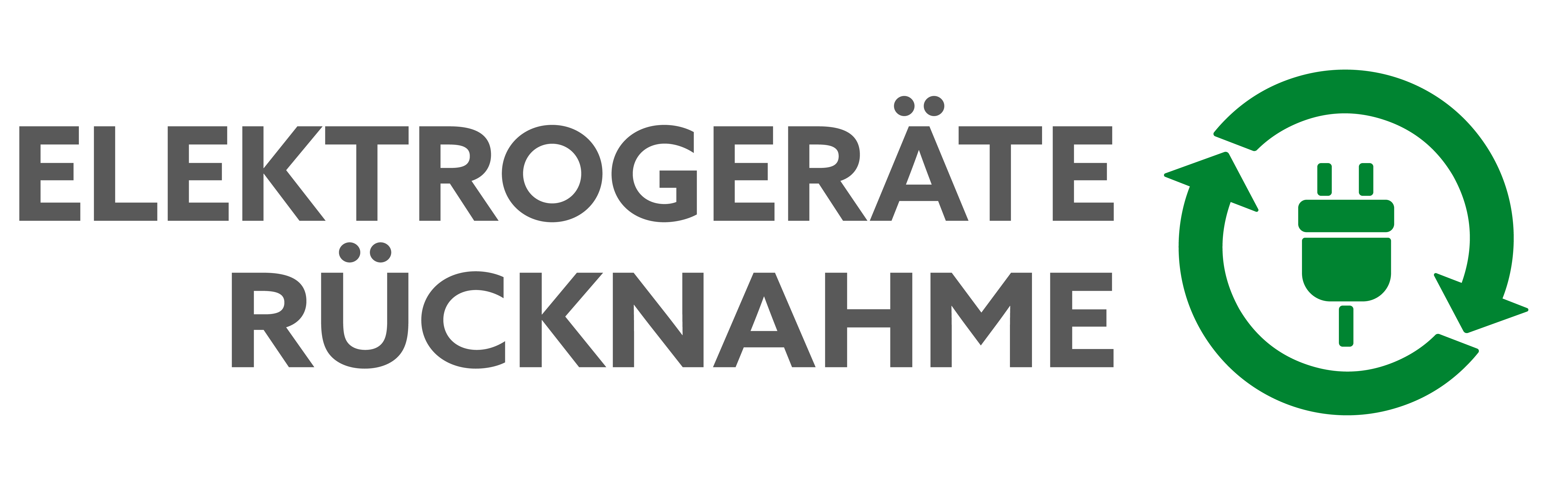 Logo mit dem Schriftzug 'ELEKTROGERÄTE RÜCKNAHME' mit einem grünen Recycling-Symbol, das einen elektrischen Stecker enthält.
