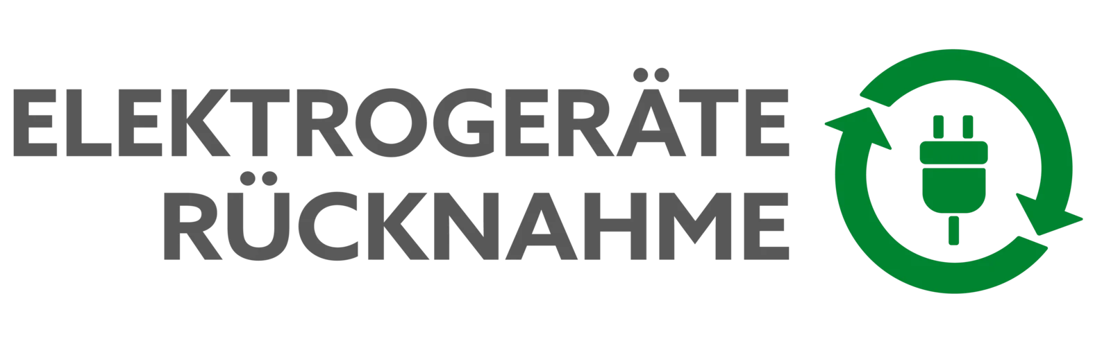 Logo mit dem Schriftzug 'ELEKTROGERÄTE RÜCKNAHME' mit einem grünen Recycling-Symbol, das einen elektrischen Stecker enthält. Logo mit dem Schriftzug 'ELEKTROGERÄTE RÜCKNAHME' mit einem grünen Recycling-Symbol, das einen elektrischen Stecker enthält.