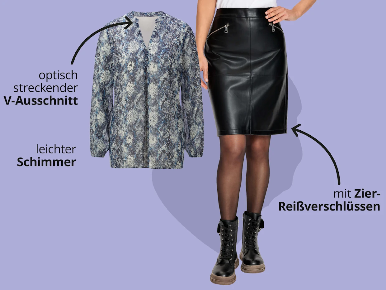 Das Bild zeigt eine gemusterte Bluse und einen schwarzen Lederrock vor lila Hintergrund mit schwarzem Text. Text zur Bluse: 'optisch streckender V-Ausschnitt' 'leichter Schimmer'. Text zum Rock: 'mit Zier-ReiĂverschlĂŒssen'. Das Bild zeigt eine gemusterte Bluse und einen schwarzen Lederrock vor lila Hintergrund mit schwarzem Text. Text zur Bluse: 'optisch streckender V-Ausschnitt' 'leichter Schimmer'. Text zum Rock: 'mit Zier-ReiĂverschlĂŒssen'.
