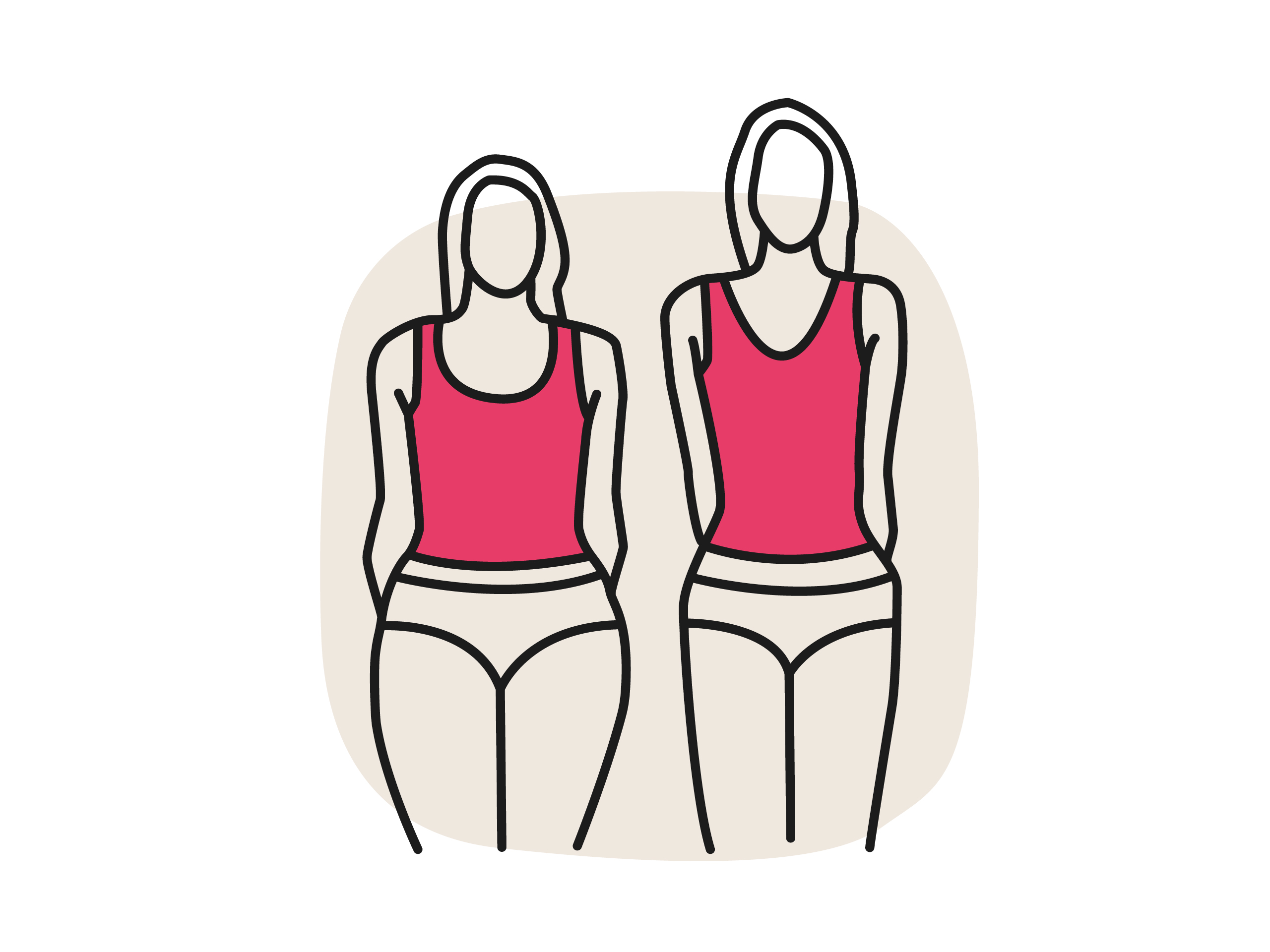 Eine Illustration, die zwei stilisierte Frauen in Unterwäsche und pinken Oberteilen zeigt, die nebeneinander stehen. Die linke Frau hat eine schlankere Figur und trägt ein ärmelloses Oberteil, während die rechte Frau eine kurvigere Figur hat und ein Oberteil mit einem breiteren Ausschnitt trägt. Es sind deutliche Größenunterschiede zwischen den beiden Figuren zu erkennen.