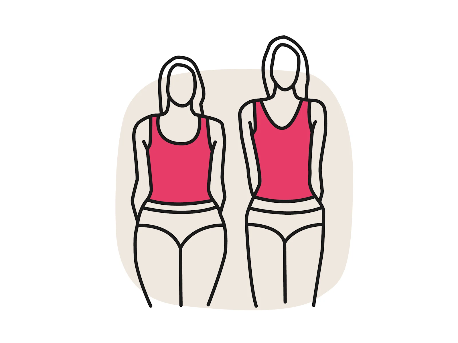 Eine Illustration, die zwei stilisierte Frauen in Unterwäsche und pinken Oberteilen zeigt, die nebeneinander stehen. Die linke Frau hat eine schlankere Figur und trägt ein ärmelloses Oberteil, während die rechte Frau eine kurvigere Figur hat und ein Oberteil mit einem breiteren Ausschnitt trägt. Es sind deutliche Größenunterschiede zwischen den beiden Figuren zu erkennen.