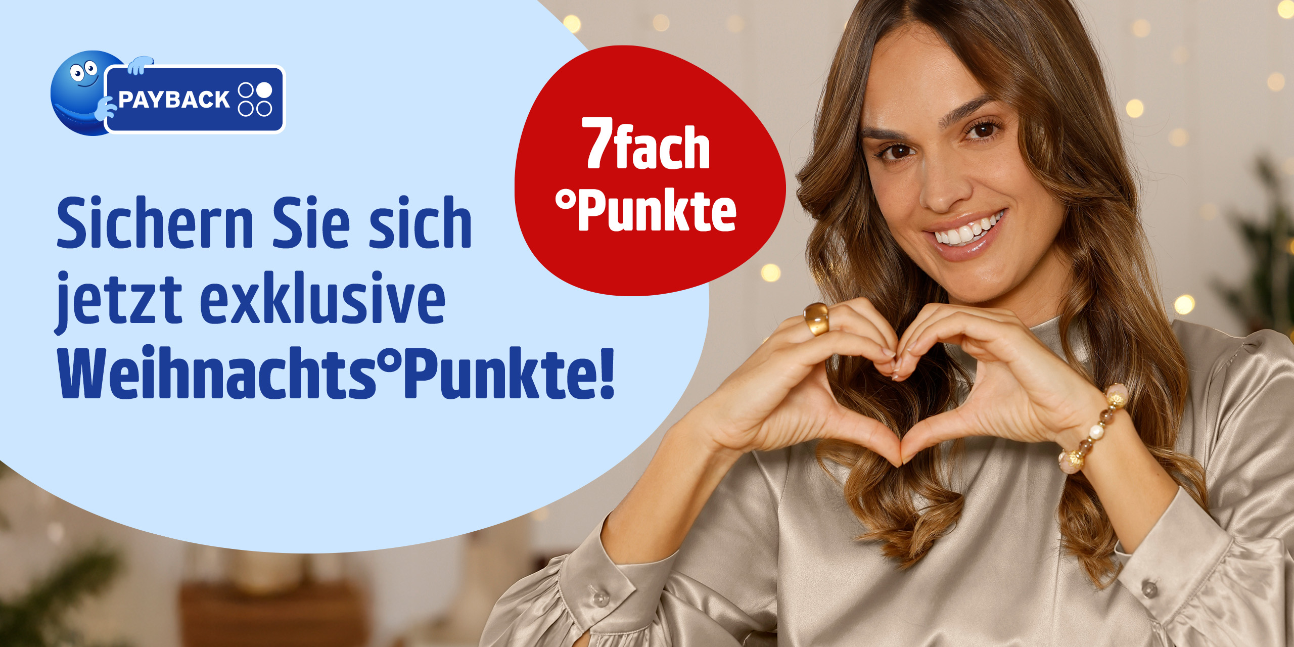 Payback-Weihnachtsbanner: Lächelnde Frau formt Herz mit Händen, Text „Sichern Sie sich jetzt exklusive Weihnachts°punkte!“ und „7fach °Punkte“.