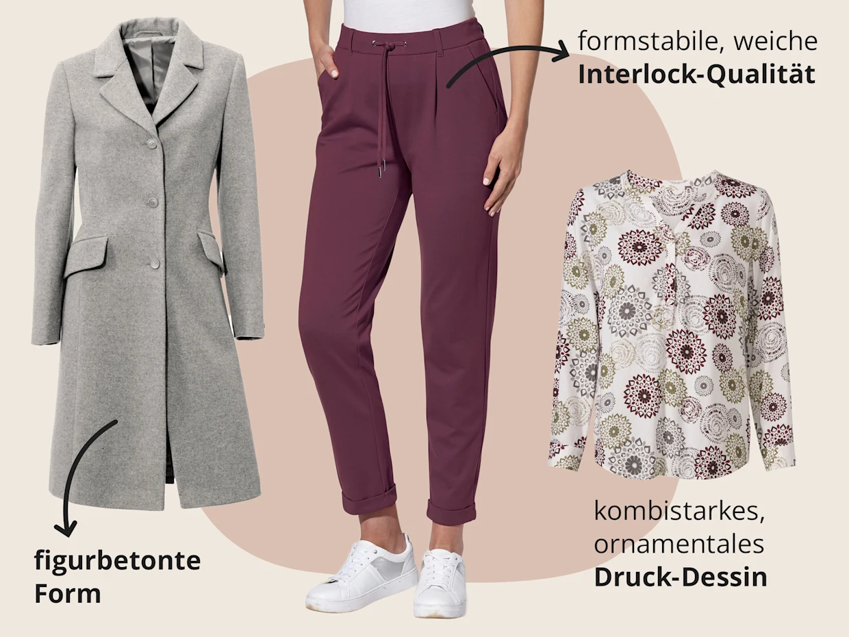 Das Bild zeigt eine ecru-burgund-bedruckte Langarmbluse, einen grau-melangefarbenen Kurzmantel und burgundfarbene Jogg Pants vor beige-orangenem Hintergrund mit schwarzem Text. Text zur Bluse: 'kombistarkes, ornamentales Druck-Dessin'. Text zum Mantel: 'figurbetonte Form'. Text zur Hose: 'formstabile, weiche Interlock-Qualität'. Das Bild zeigt eine ecru-burgund-bedruckte Langarmbluse, einen grau-melangefarbenen Kurzmantel und burgundfarbene Jogg Pants vor beige-orangenem Hintergrund mit schwarzem Text. Text zur Bluse: 'kombistarkes, ornamentales Druck-Dessin'. Text zum Mantel: 'figurbetonte Form'. Text zur Hose: 'formstabile, weiche Interlock-Qualität'.