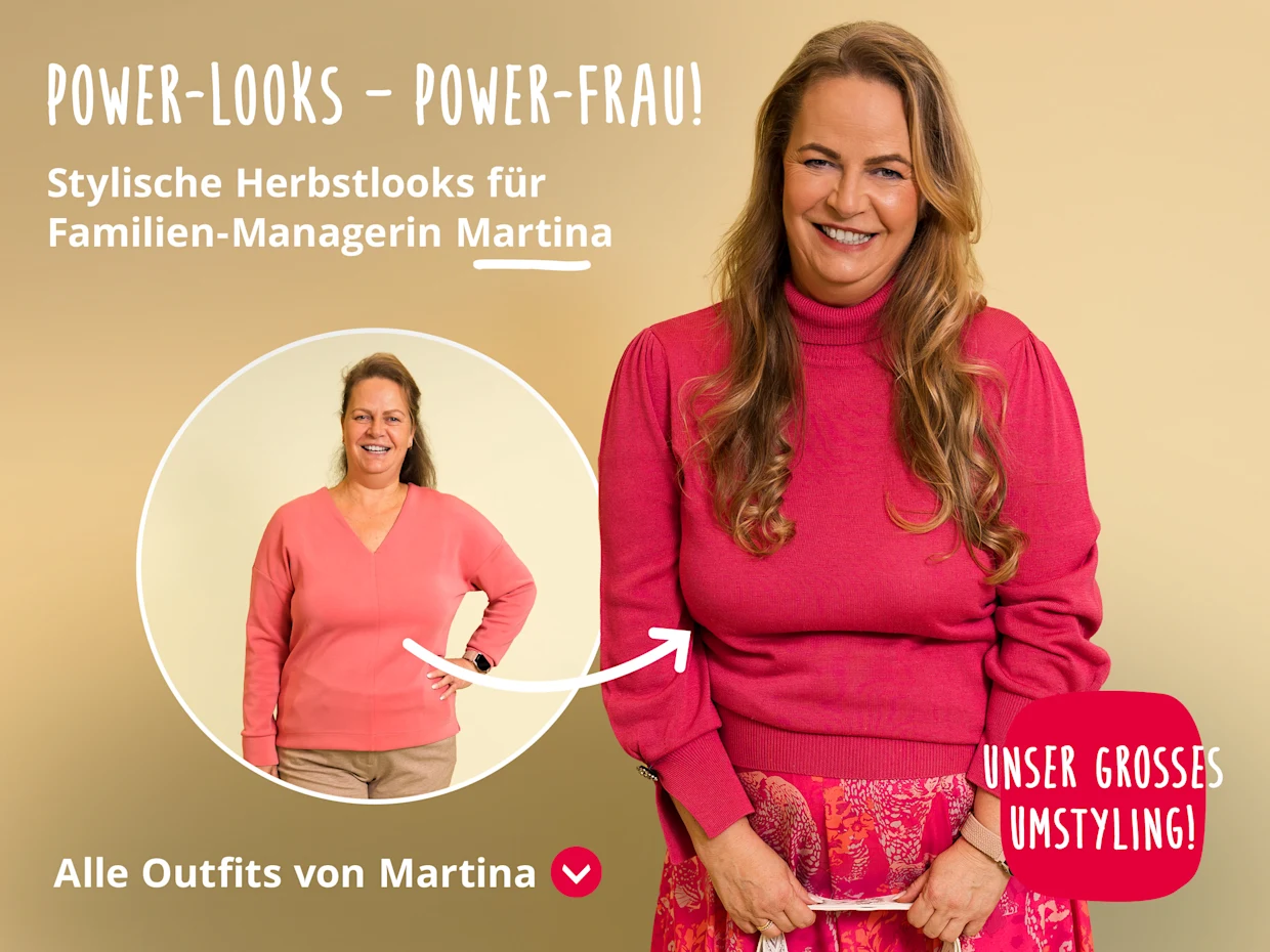 Ein Bild, das eine Frau nach einem Umstyling zeigt, mit einem kleineren Kreisbild der Frau vor dem Umstyling. Die Frau im Hauptbild lächelt, hat lange blonde Haare und trägt einen pinken Pullover, einen pink gemusterten Rock und eine silberne Handtasche. Der Hintergrund ist blassgelb. Text auf dem Bild lautet: 'POWER LOOKS - POWER-FRAU! Stylische Herbstlooks für Familien-Managerin Martina' und 'UNSER GROSSES UMSTYLING!'. Ein Bild, das eine Frau nach einem Umstyling zeigt, mit einem kleineren Kreisbild der Frau vor dem Umstyling. Die Frau im Hauptbild lächelt, hat lange blonde Haare und trägt einen pinken Pullover, einen pink gemusterten Rock und eine silberne Handtasche. Der Hintergrund ist blassgelb. Text auf dem Bild lautet: 'POWER LOOKS - POWER-FRAU! Stylische Herbstlooks für Familien-Managerin Martina' und 'UNSER GROSSES UMSTYLING!'.
